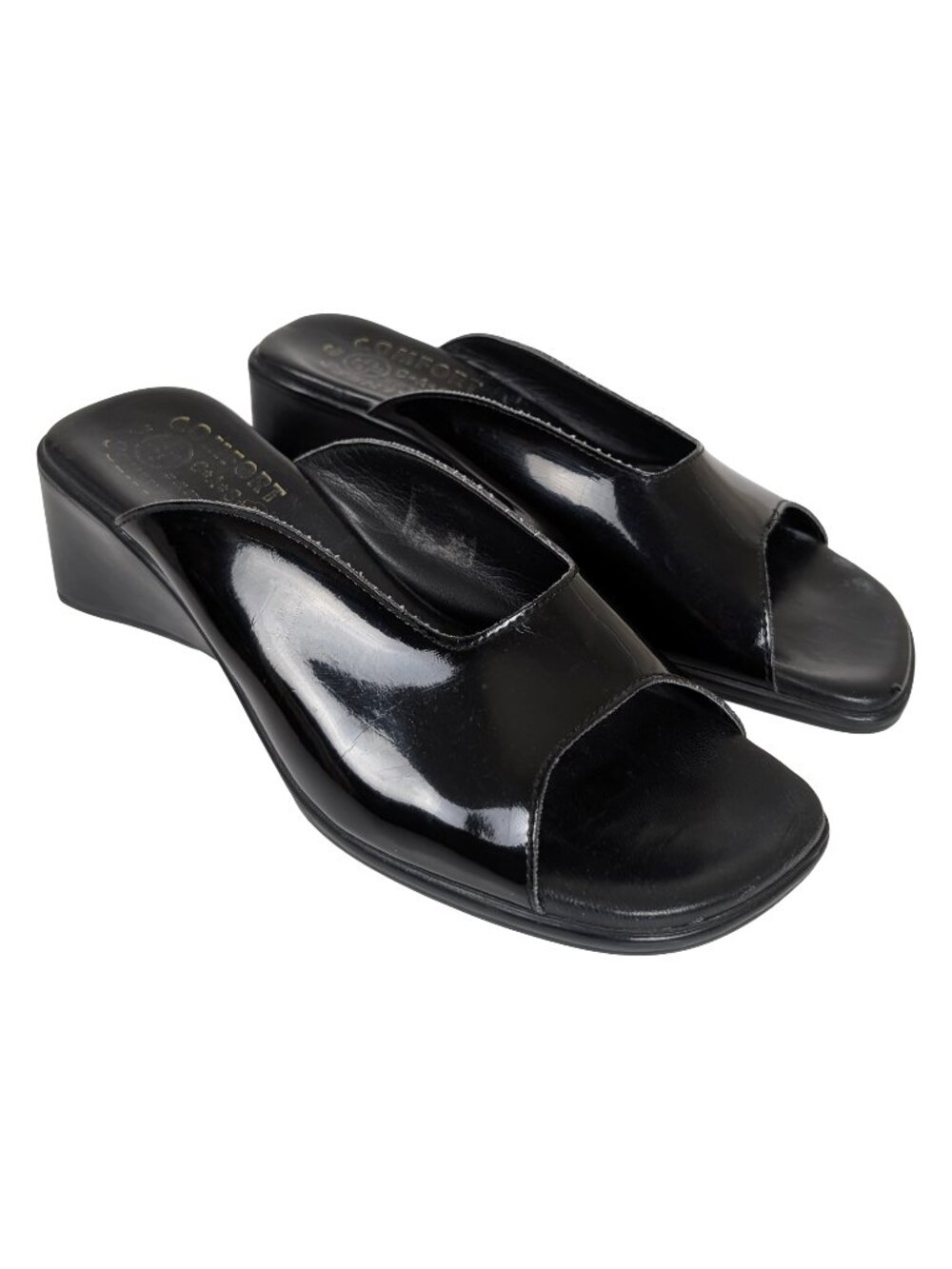 Black Leather Patent Slip-on Wedges Size 10.5 Vintage Futuristic Chunky Heels